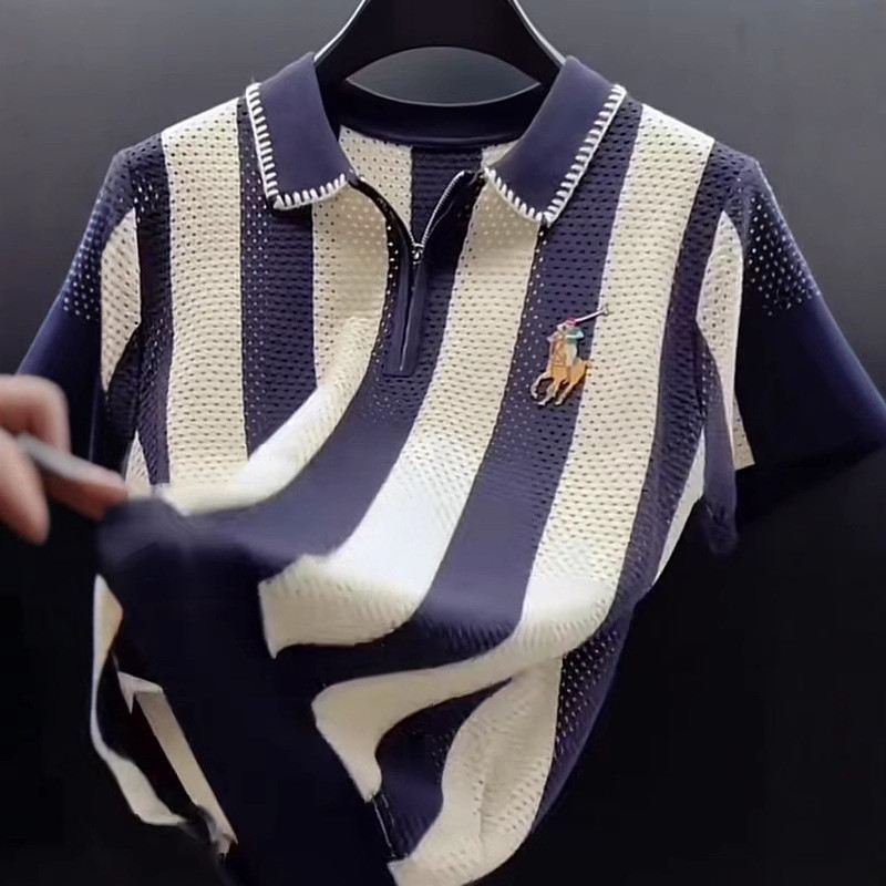 Niche Hollow Striped เสื้อโปโลฤดูร้อน ins ยุโรปยืนหรูหราออกแบบ Niche Contrast สี All-Match เสื้อยืด