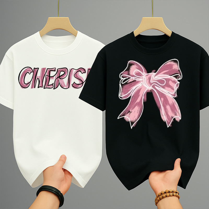 เสื้อยืดคู่รักคู่แฟน เสื้อคู่ ยืดคอกลมแขนสั้น สกรีนลายโบว์สุดฮิต เสื้อโบว์น่ารักๆ แฟชั่น โอเวอร์ไซส์