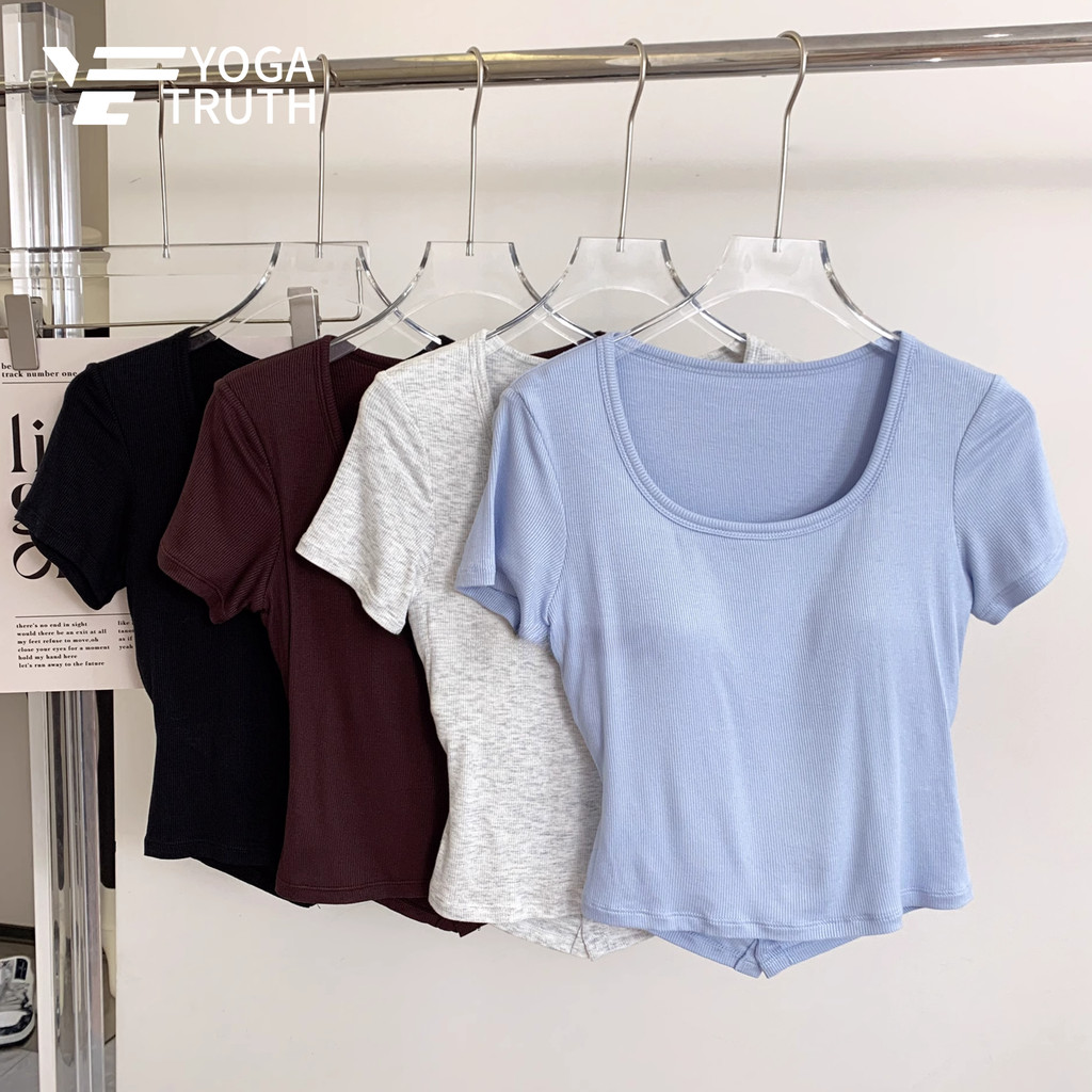 YOGATRUTH(Fixed Cushion) ผู้หญิงเสื้อยืดลําลองปุ่มด้านหลัง Hollow Slim Fit Top Gym โยคะ
