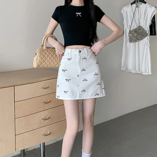 Laterme S-6XL กระโปรงยีนส์สั้น ลายโบว์สุดฮิต