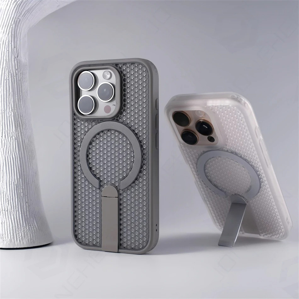 การกระจายความร้อนเคสโทรศัพท์สําหรับiPhone 17 Air 17E 16 15 14 13 12 11 Pro Max 16 Plus 16Eพับขาตั้งแม่เหล็กชาร์จไร้สายBreathable Cover