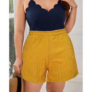 กางเกงแฟชั่นสาวอวบ มีกระเป๋าในตัว กางเกงขาสั้นเอวสูง กางเกงเ…