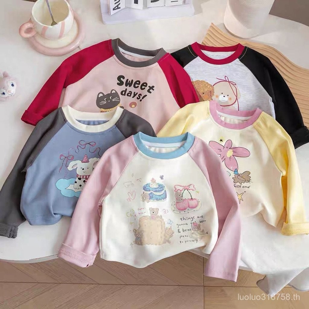 ท็อปเสื้อยืดแขนยาวผ้าฝ้ายบริสุทธิ์สำหรับเด็กผู้หญิง เสื้อเบสฤดูใบไม้ผลิและฤดูใบไม้ร่วง เสื้อหลวมทันสมัยสำหรับเด็ก