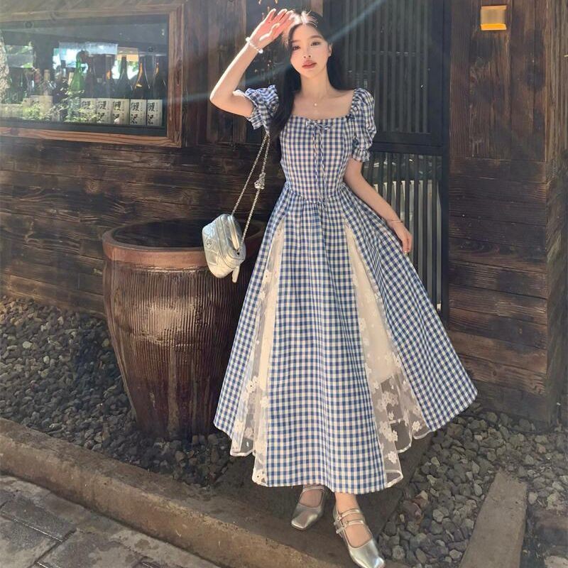 สไตล์วันหยุดลายสก็อตฝรั่งเศสเย็บลูกไม้แขนสั้นเก็บเอวกระโปรงยาวใส่แล้วดูผอมใหม่ชุดเดรสอารมณ์จัดส่งด่วน