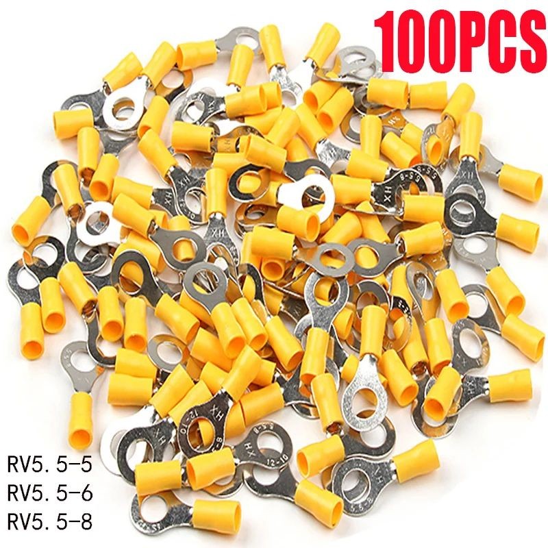 10/20/30/50/100pcs RV5.5-5 RV5.5-6 RV5.5-8 ฉนวนสีเหลืองแหวน Terminals สายไฟ Crimp ตัวเชื่อมต่อ Termi