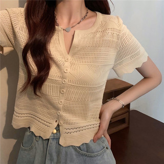 Knitted Women Summer Thin V-Neck Korean Casual Top Slimmer Look Short-Sleeved T