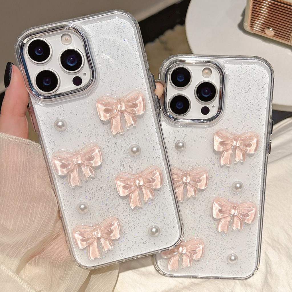 สําหรับiPhone 16 Plus 15 Pro Max 14 13 12P 11 Girlyแฟชั่นสีชมพูBowknot Pearl DecorกันกระแทกSoft TPU Anti-Scratchเคสโทรศัพท์ปกสกปรกต้านทานFall-Proofเกราะป้องกัน