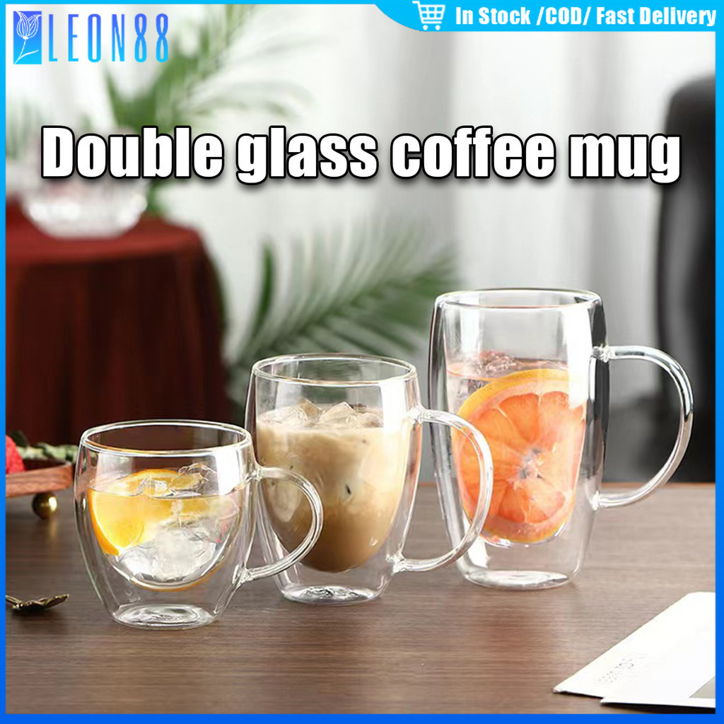 ของมาใหม่！แก้วกาแฟใส 2ชั้น มีหูจับ 150มล.250มล.350มล.สำหรับ คาเฟ่ ร้านกาแฟ