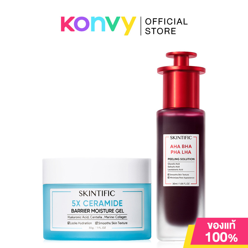 SKINTIFIC Set 2 Item AHA BHA PHA LHA Peeling Solution 30ml + 5X Ceramide Barrier Moisture Gel 30g สค