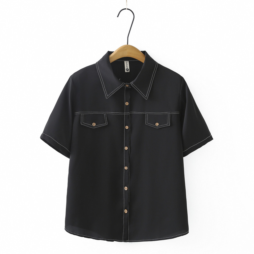 Plus ขนาด XL-4XL ผู้หญิงแขนสั้นสีดําเสื้อสุภาพสตรี Office-wear ฤดูร้อน XL-4XL ขนาดใหญ่หญิง Blusas