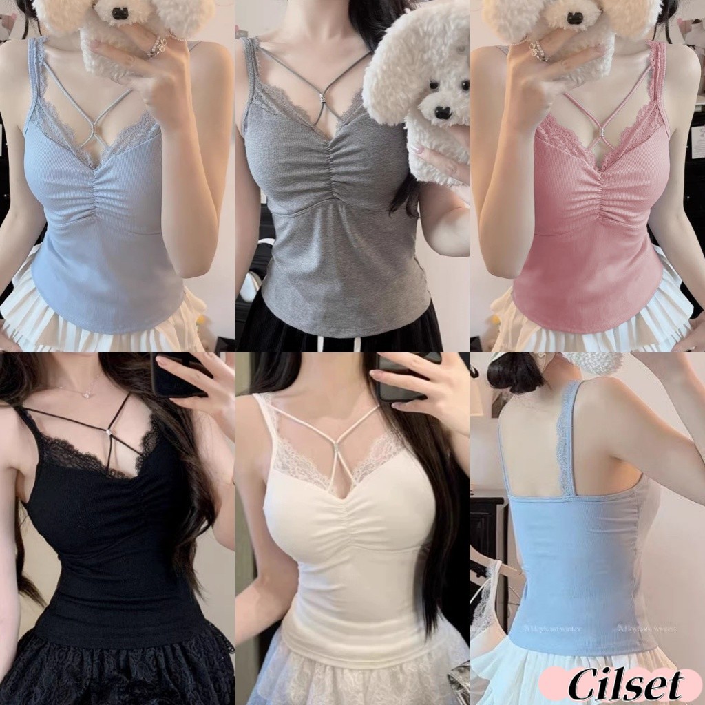 Cilset🛒พร้อมส่ง🎀ใหม่ 2025 เสื้อสายเดี่ยว สีพาสเทล ดีเทลสายแต่ง มีฟองน้ำในตัว เสื้อแฟชั่น /FY10106