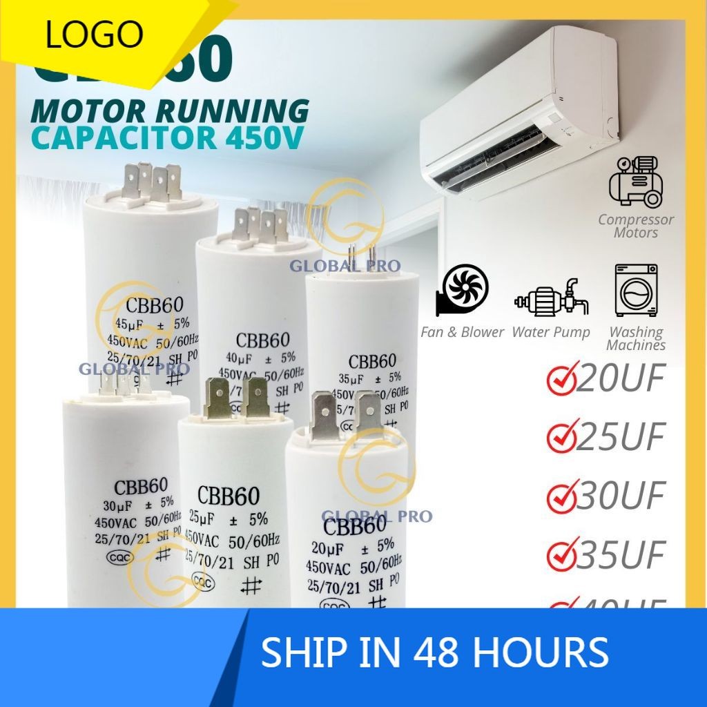 20UF / 25UF / 30UF / 35UF / 40UF TERMINAL CQC CBB60 Motor Running Capacitor Condensor 450V Microfara