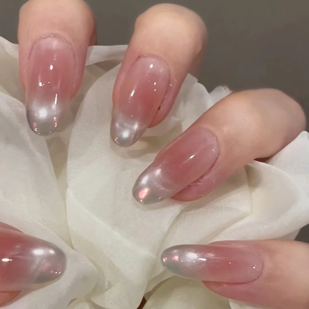 ทำมือ+ฟรีกาว ทาเล็บแบบกด โดปามีน สีชมพู สาวออโรร่า เล็บปลอมแบบฝรั่งเศส แพทช์เล็บเทียม ใช้ซ้ำได้