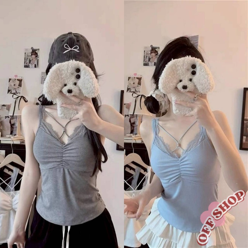 OFF SHOP 🥻ใหม่ 2025 เสื้อสายเดี่ยว มีฟองน้ำในตัว เซ็กซี่   ดีเทลสายแต่ง' FY10106