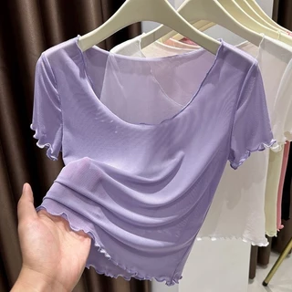 เสื้อยืดแขนสั้นคอเหลี่ยมตาข่ายผ้าไหมน้ำแข็งสำหรับผู้หญิง สไตล์สั้นกระดูกไหปลาร้าฤดูร้อน ชั้นฐานเชียร์บาง