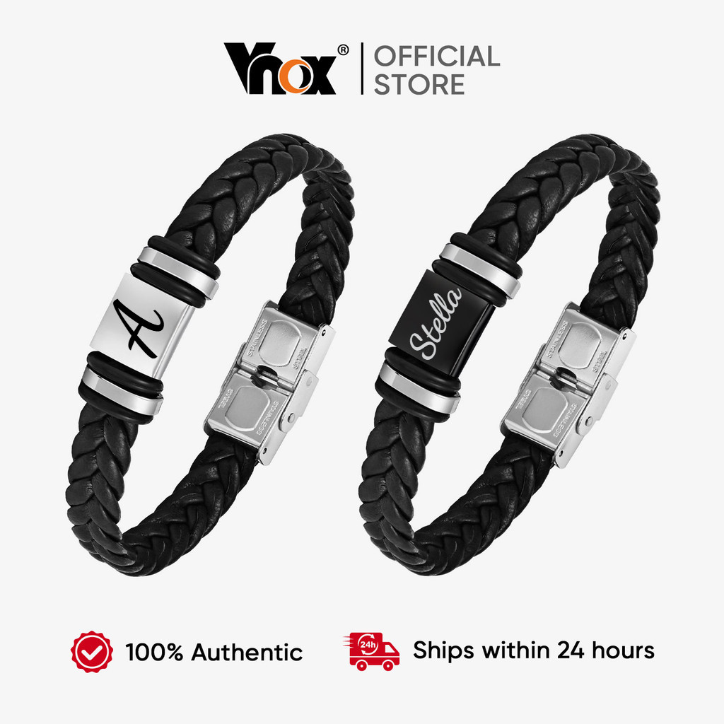 Vnox สร้อยข้อมือส่วนบุคคลสำหรับชาย กำหนดเองชื่อ braid หนังแกะสลักรูปแบบของขวัญ