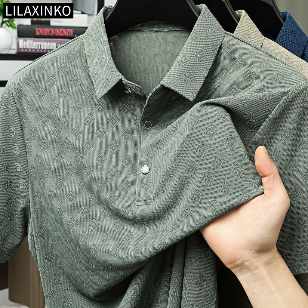 เสื้อโปโลผู้ชาย สกินนี่ สก็อต พิมพ์ ลายคลาสสิก แขนสั้น สบายๆ