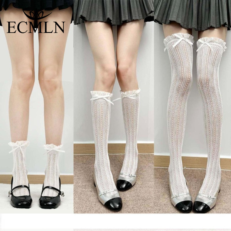 ECMLN ถุงเท้าผู้หญิง ขอบลูกไม้ ลายตาข่าย สไตล์ Lolita สีขาว มีโบว์