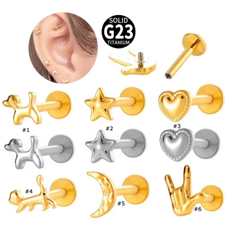 1 ชิ้น Star Moon สุนัขรูปหัวใจ G23 ไทเทเนียม Labret Lip Stud กระดูกอ่อนต่างหู Helix 16Gauge ด้ายภายในหัวแบน