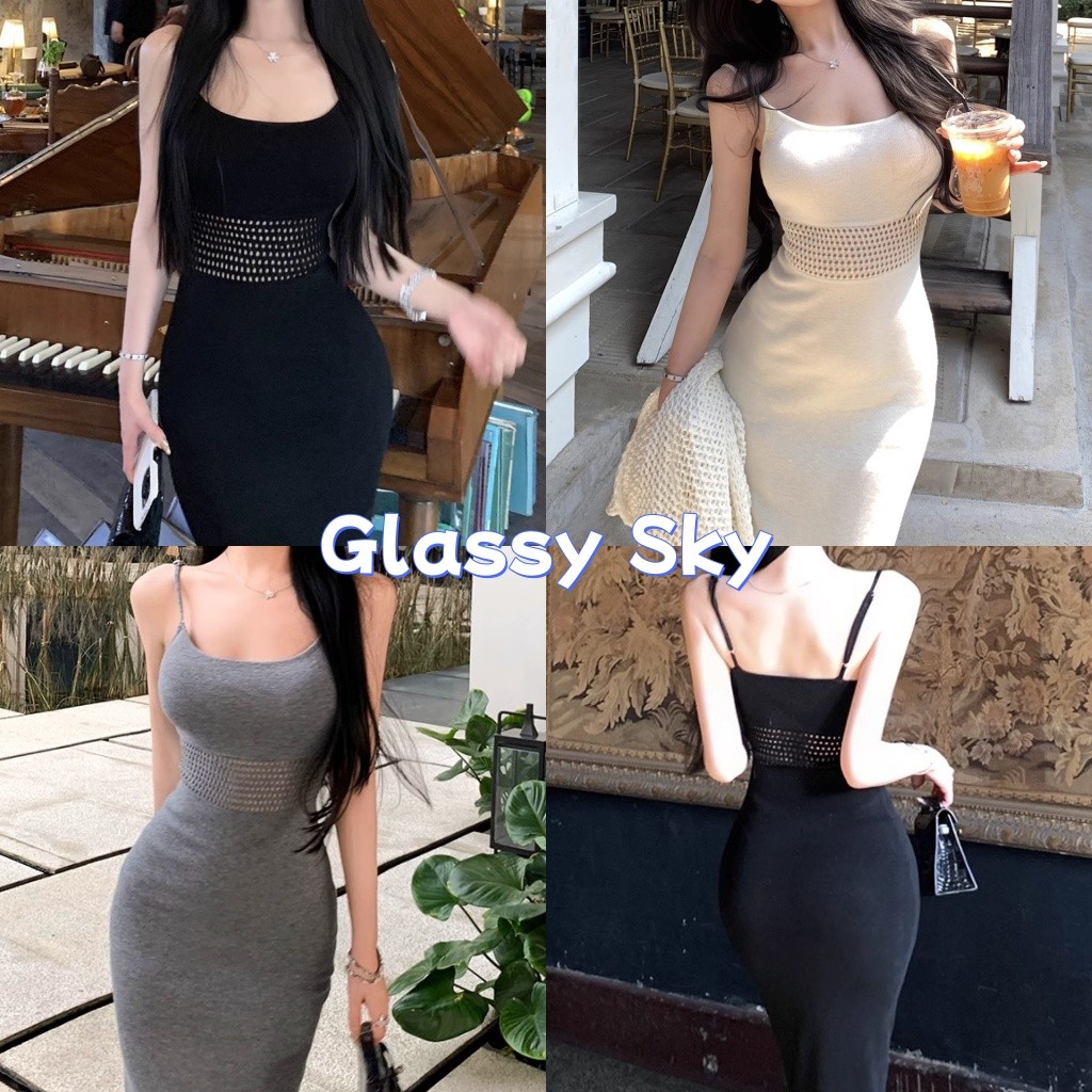 Glassy Sky💖พร้อมส่ง💖 ชุดเดรสไหมพรม กระโปรงยาว สีพื้น สีพื้นมินิมอลสไตล์ ยืดรัดรูปพอดีตัว สไตล์ลำลอง (31096)