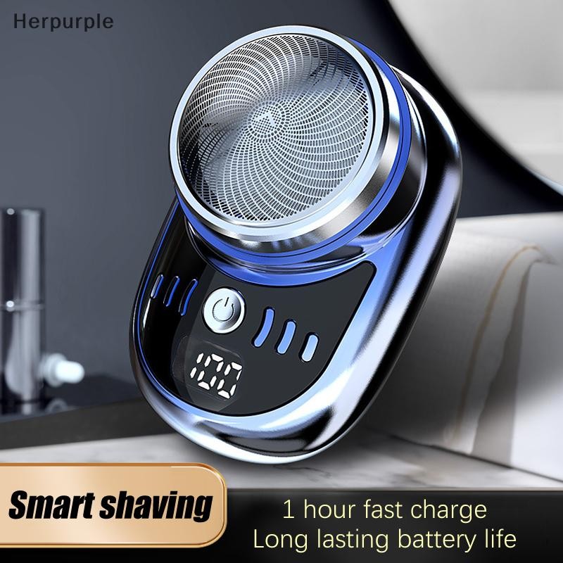Herpurple Mini เครื่องโกนหนวดไฟฟ้าสําหรับผู้ชายเครื่องโกนหนวดแบบติดจอแสดงผลดิจิตอลล้างทําความสะอาดได้กระเป๋าเดินทางไร้สาย Face Beard Trimmer TH