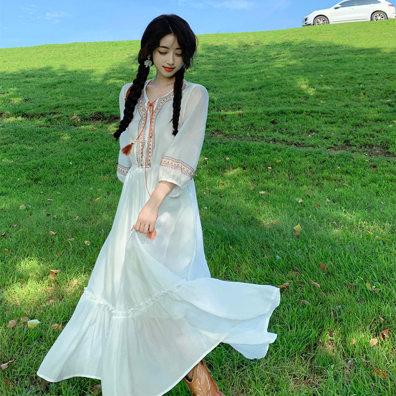 ติดตามรับ✨✈ชุดสูทสไตล์วันหยุด✨ชุดไทย เดรสไปทะเล✨ชุดเดรสสไตล์เฮปเบิร์น✈Dali er Sea Photo Skirt Wester