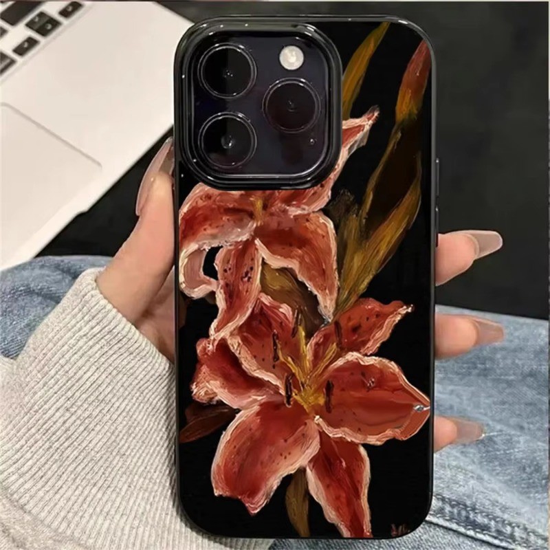 ปลอกสําหรับiPhone 16 11 12 13 14 15 Pro MaxสําหรับiPhone 16e XR X XS Max 7 8 Plus SE2020 2022 ภาพวาดสีน้ํามันLilyดอกไม้Retro Soft TPUกันกระแทก