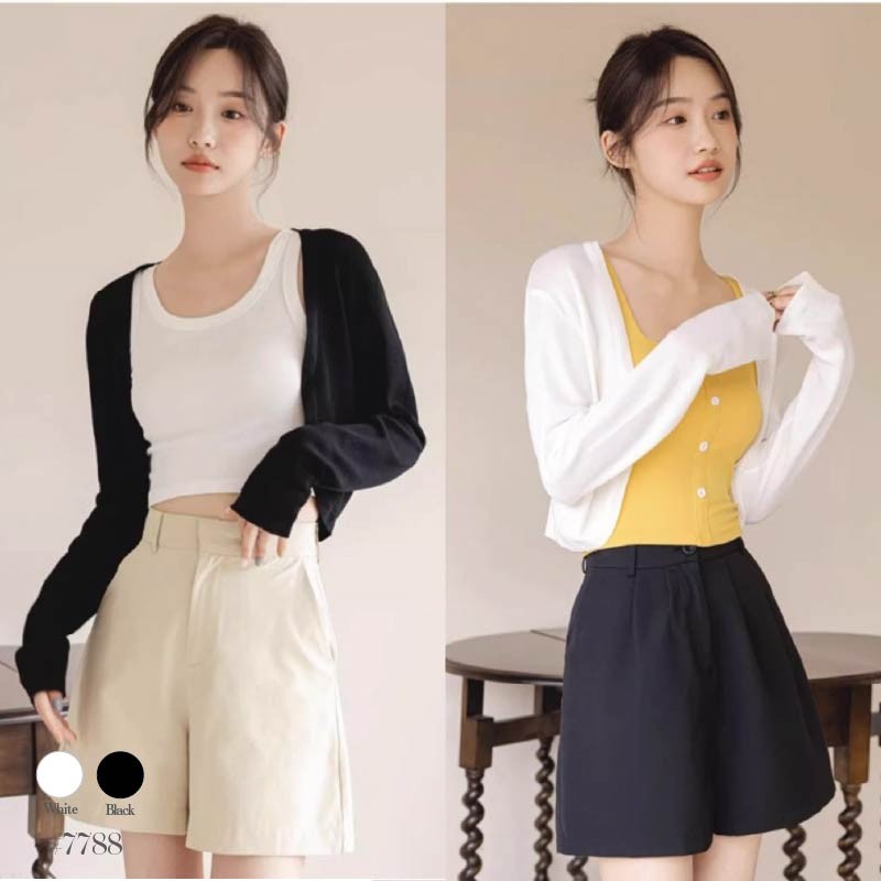 เสื้อคลุม ผ้าโพลิเอสเตอร์ แขนยาว สีดำ/สีขาว ทรงครอป ดีไซน์ชายผ้าโค้ง แมทซ์ได้ทุกลุค เสื้อคลุมกันแดด #7788