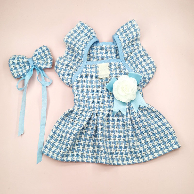 Harness Dress Dog Cat Clothes Dog Cat Harness Clothes- Harness Tweed Dress Blue And White