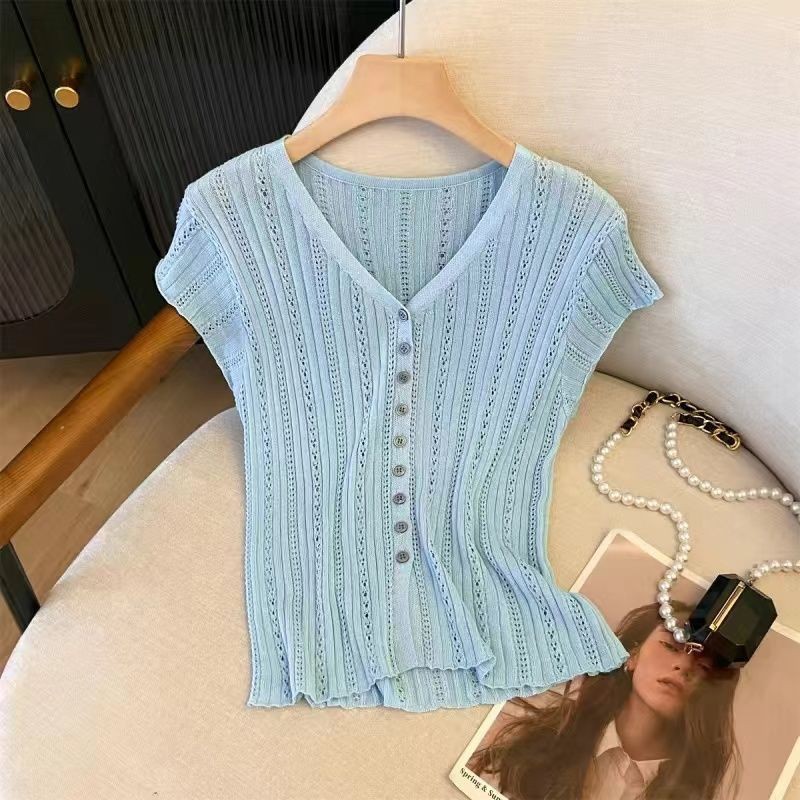 อารมณ์ฝรั่งเศสคอวีกลวงถักเสื้อยืดผู้หญิงฤดูร้อนสไตล์ใหม่แขนสั้นด้านบน