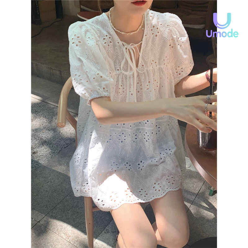 Hollow-OUT Lace Tops ผู้หญิงสไตล์ฝรั่งเศสสีขาวฤดูร้อนอเนกประสงค์หลวมพัฟแขนเสื้อ UG195 umode