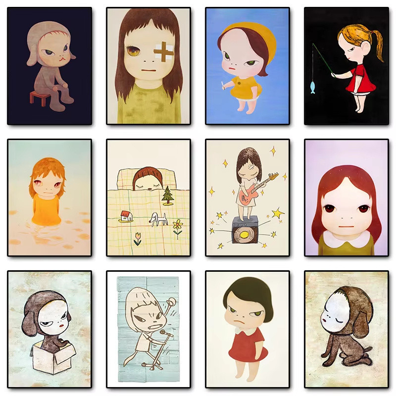 Yoshitomo Nara กีตาร์สาวการ์ตูนโปสเตอร์และพิมพ์ผ้าใบภาพวาด Wall Art ภาพสําหรับห้องนั่งเล่นตกแต่งบ้าน Cuadros