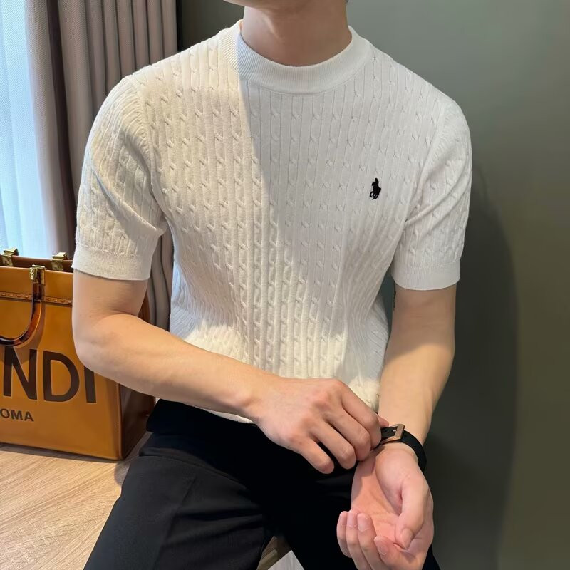 ฤดูร้อนใหม่ปักถักแขนสั้นผู้ชายสลิมฟิตเสื้อยืดธุรกิจลําลอง