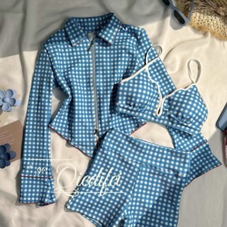 ขายร้อน! F&X ชุดว่ายน้ำไม่ซ้ำใคร สไตล์สาวลายตารางสีน้ำเงิน ช…