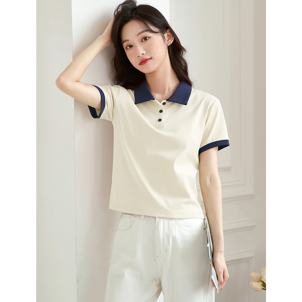 Miziqi ฤดูร้อน POLO Collar เสื้อยืดผู้หญิง สีทึบเรียบง่าย แขนสั้น สีตัดกัน สวมใส่ง่าย