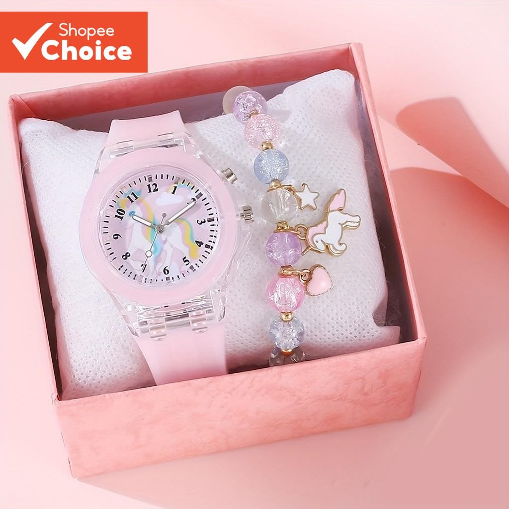 นาฬิกาเรืองแสงสําหรับเด็ก Boy & Girl Unicorn Quartz สร้อยข้อมือชุดสีชมพูสีฟ้าสีขาวเด็กของขวัญ Back To School ไม่มีกล่องสําหรับฤดูร้อน