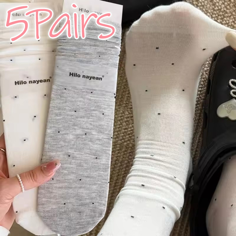 เกาหลี Y2K Sweet Lace Trim Mid-Tube Socks- ถุงเท้าลายจุดสไตล์บัลเล่ต์หวาน - บางเฉียบระบายอากาศได้