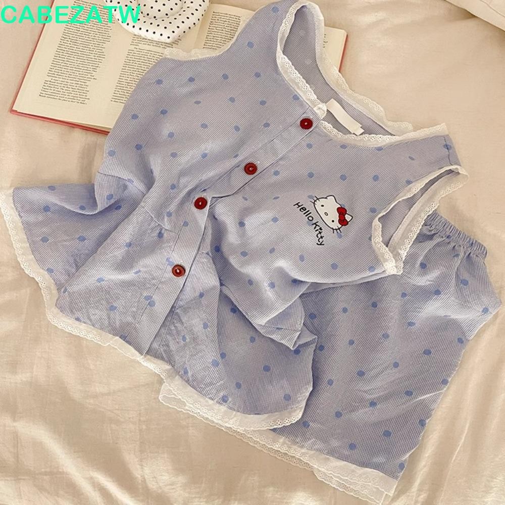 CABEZATW การ์ตูนชุดนอน กางเกงขาสั้นแขนสั้น Kitty Cat ชุดนอน เสื้อผ้า Homewear หลวม Ruffle ลูกไม้ ชุดนอน 2 ชิ้น