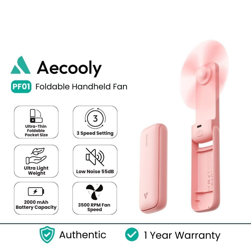 Aecooly พัดลมมือถือกระเป๋าพับได้บางเฉียบ - ความจุแบตเตอรี่ 2000mAh PF01
