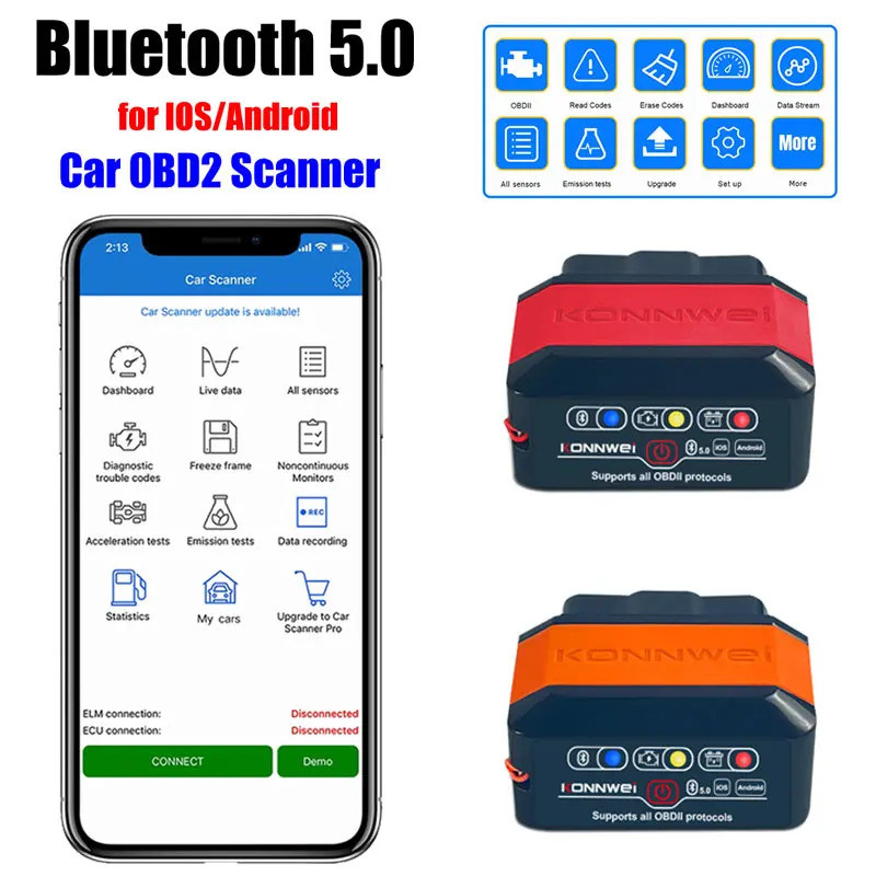 คันน์เว่ย Bluetooth 5.0 ELM327 V1.5 เครื่องสแกน OBD2 KW906 เครื่องมือวินิจฉัยรถยนต์ OBDII ELM 327 V 