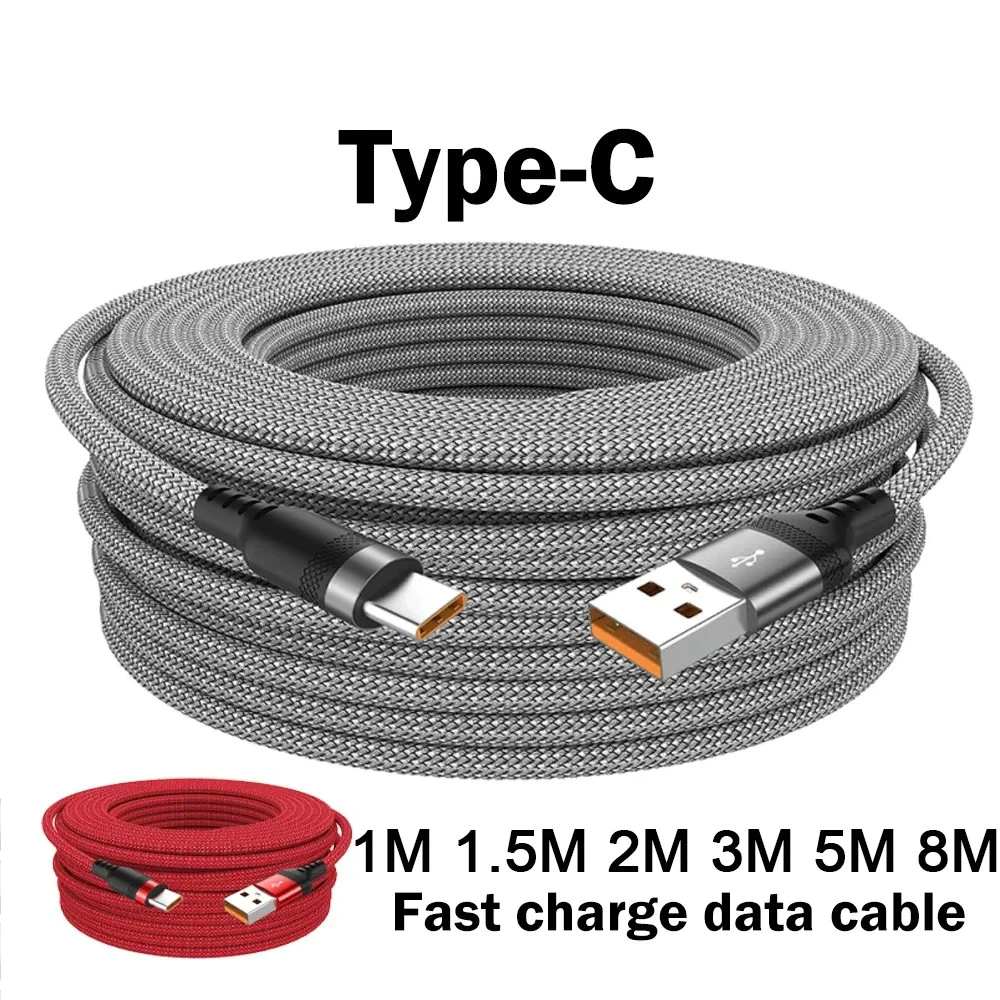 ใหม่ 6A ขยายสาย USB type-C ถักสายเคเบิลข้อมูลสําหรับ Samsung S21 S23 Xiaomi 13 14 15 type-C ชาร์จเร็ว 1/1.5/2/3/5/8M สาย