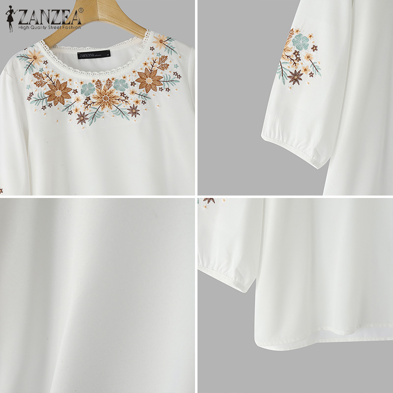 ZANZEA ซานเซีย เสื้อลายดอกไม้สำหรับผู้หญิงสไตล์เกาหลีวินเทจคอกลมแขนยาว 3/4 - รูปที่ 7