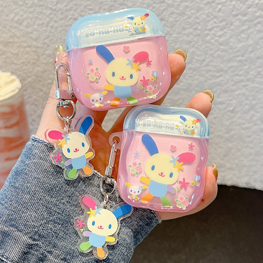 เคสหูฟังสําหรับ แอร์พอด 4 มือโปร 3 2 1หวานสีสันอุซาฮานะกระต่ายแบบนุ่ม ทีพียู ขอบคลื่นกันกระแทกบลูทูธไร้สายหูฟังฝาครอบป้องกันเปลือกที่มีจี้ป้องกันการสูญ