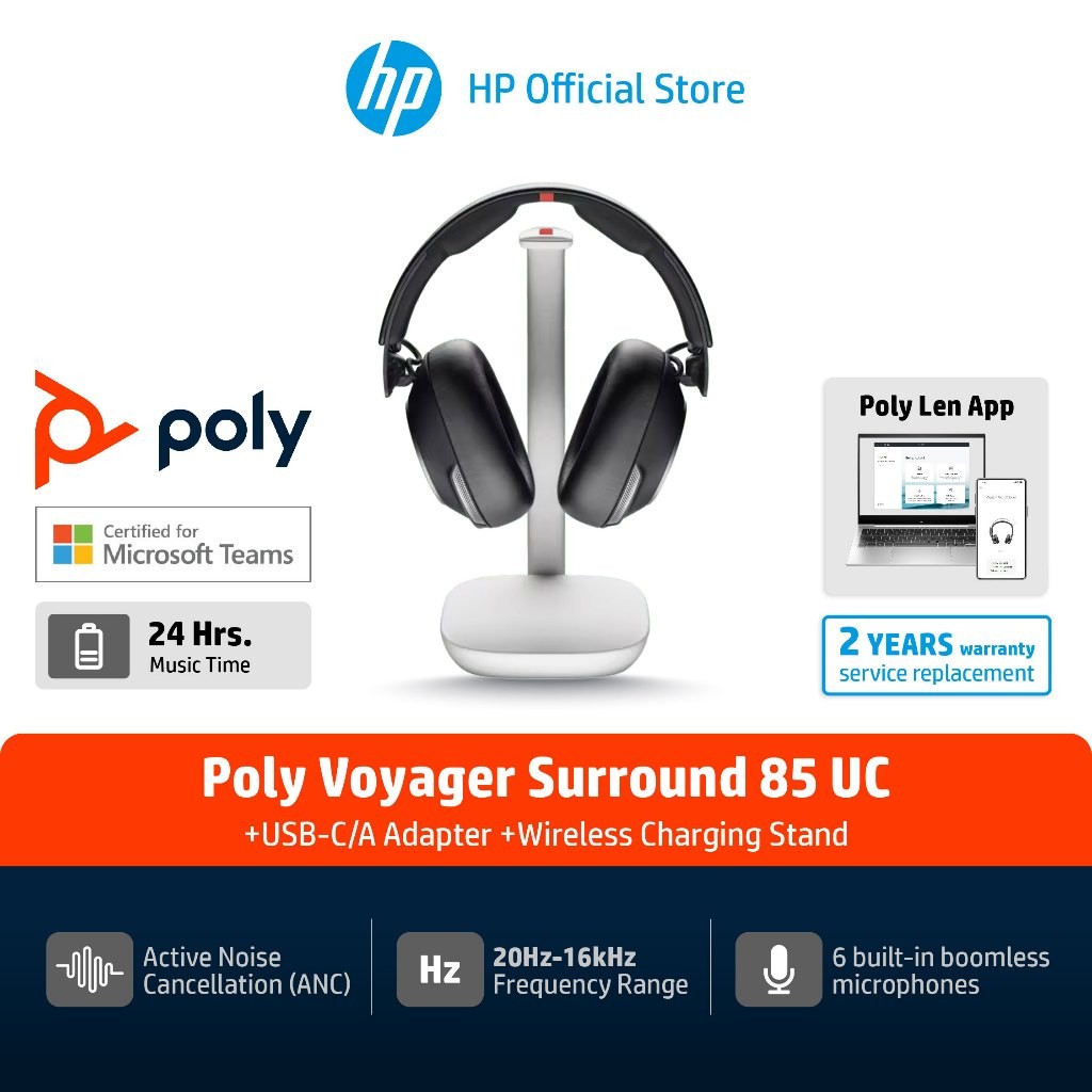 Poly Voyager Surround 85 UC Microsoft Teams Certified USB-C Headset +USB-C/A Adapter +Charging Stand