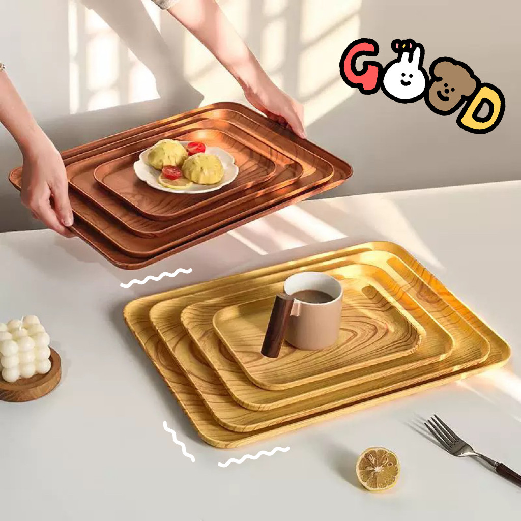 จาน ถาด สไตล์ญี่ปุ่น มินิมอล พลาสติกเกรดดี ลายไม้เทียม ถาดใส่ขนม เสิร์ฟอาหาร 3 ขนาด KKHOME