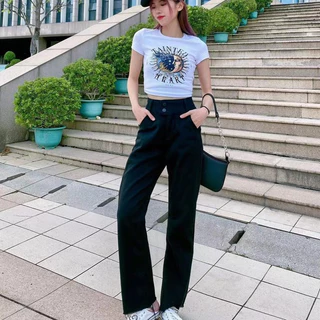🌷👖MKL👖🌷 กางเกงยีนส์ขายาว ทรงกระบอก เอวสูง ปลายขารุ่ย กางเกงยีนส์ขายาวผู้หญิง 🔥⚡ #8058