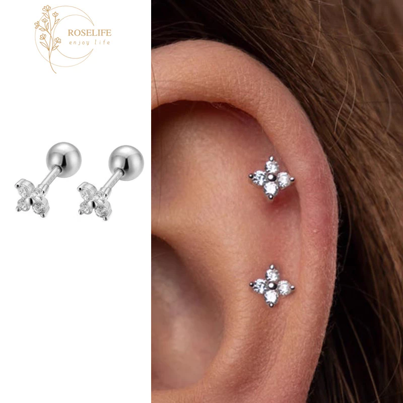 Roselife 1 คู่ S925 เงิน Lucky คริสตัล Clover สกรูต่างหูผู้หญิงหญิง Hypoallergenic หู Studs เครื่องประดับ