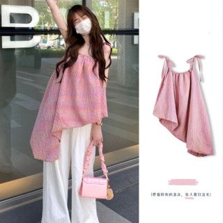 ฤดูร้อนขายร้อนสไตล์เกาหลีไม่สม่ําเสมอไม่สมมาตรลายสก๊อตสีชมพู…