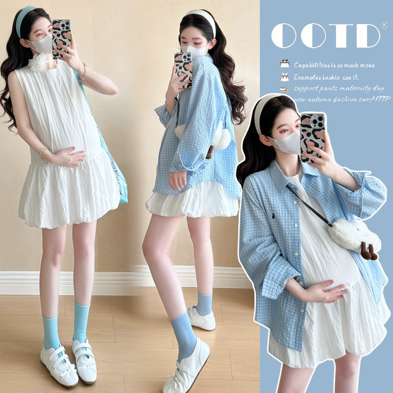 ชุดคลุมท้องแฟชั่นฤดูร้อนหลวมเสื้อกั๊กกระโปรง+เสื้อปักลายสก๊อต