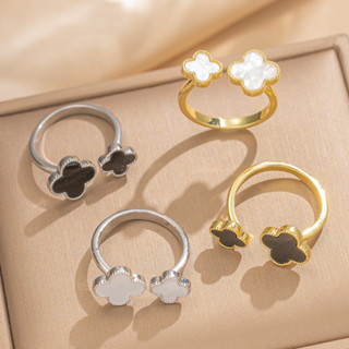 แฟชั่นใหม่แสงหรูหราสีดําสีขาวสองสีโชคดีโคลเวอร์สี่ใบเปิดแหวน…
